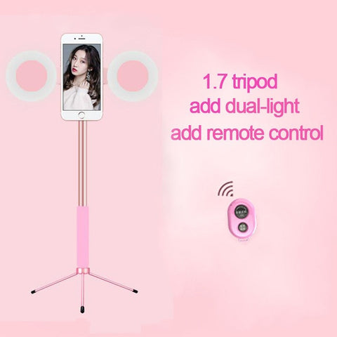 1.7m Extendable live Tripod Selfie Stick Support LED Ring Dual light mirror Stand